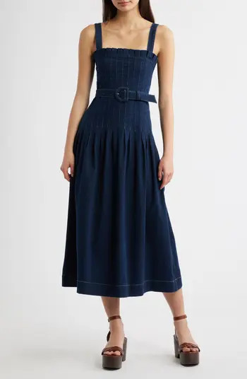 MOON RIVER Pleated Belted Cotton Blend Denim Midi Dress | Nordstrom | Nordstrom