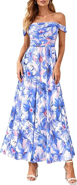 PRETTYGARDEN Womens Off Shoulder Maxi Summer Dresses 2026 Elegant Mesh Aline Swing Ruched Flowy C... | Amazon (US)