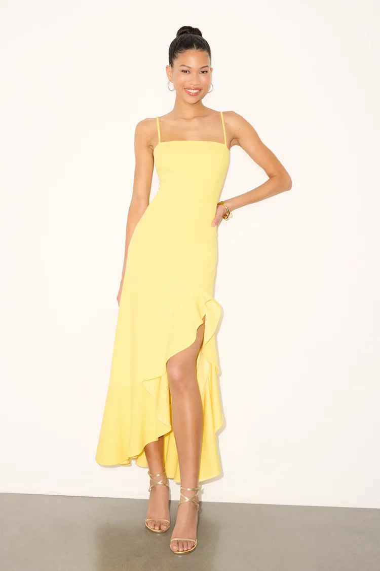 Iveta Light Yellow Cutout Ruffled Sleeveless Midi Dress | Lulus