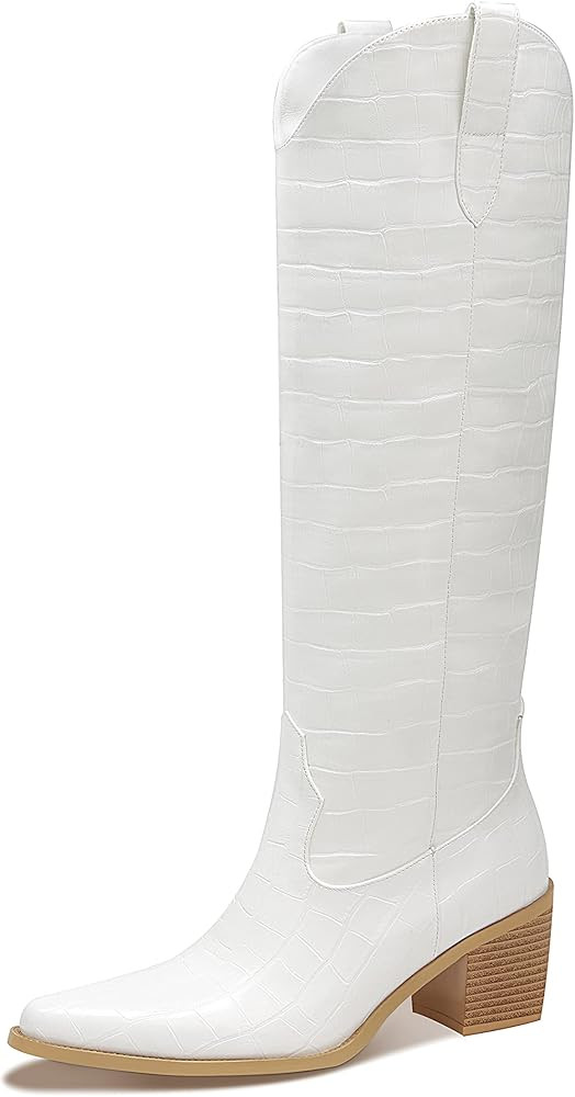 Pasuot Rhinestone Cowboy Boots for Women - Wide Calf Knee High Cowgirl Boots with Side Zipper and... | Amazon (US)