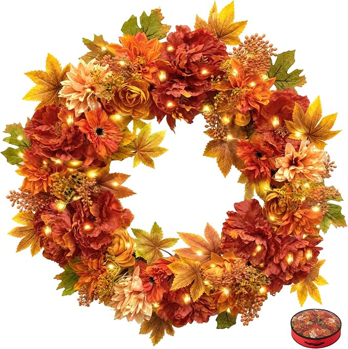 24 Inch Fall Wreaths for Front Door, Pre-Lit Autumn Wreath | Handcrafted Faux Floral Leaf Door Wr... | Amazon (US)