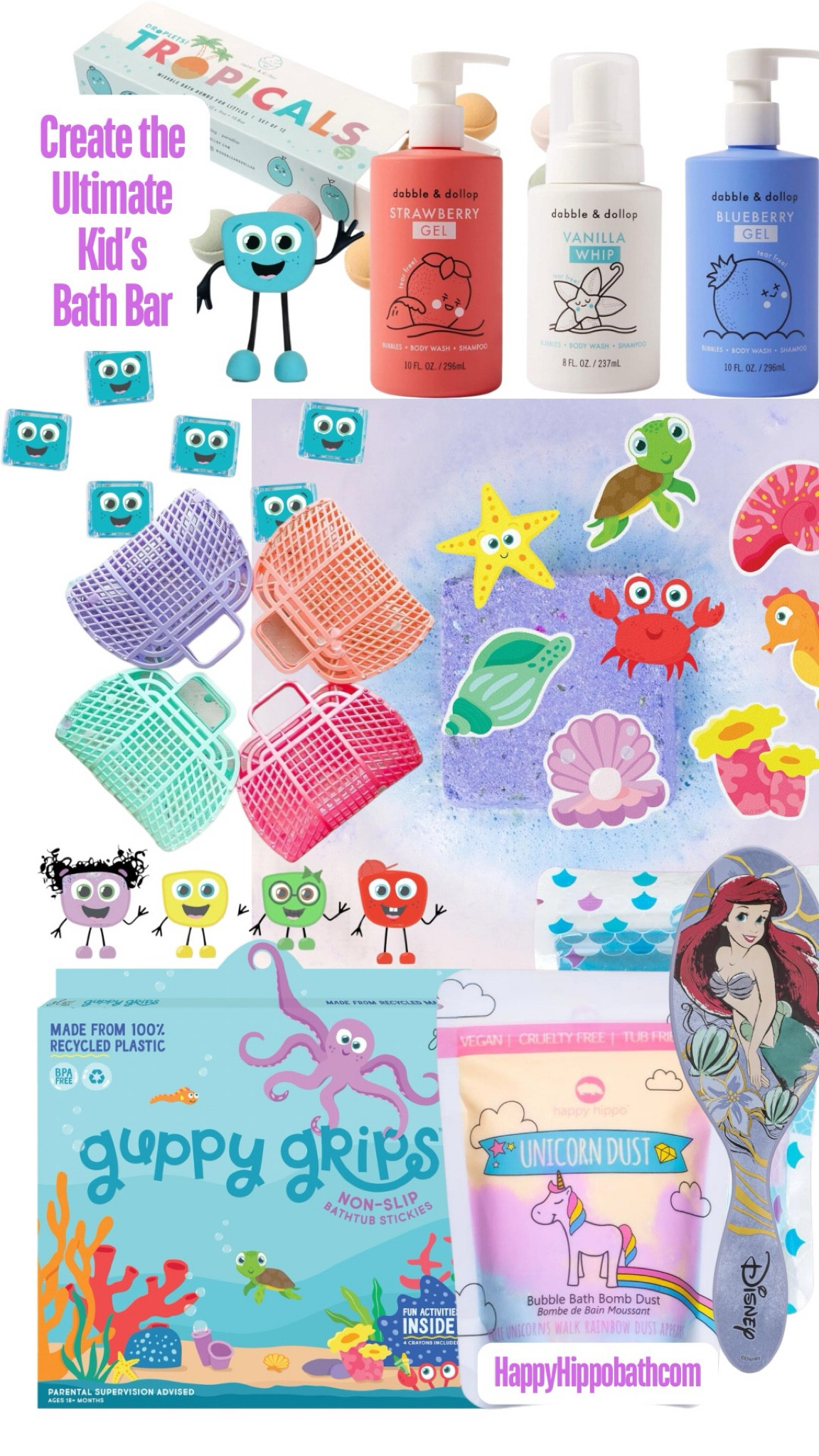  Create the ultimate kids bath bar so they don’t want to get out and look forward to it every time!

Have them grab a bath bag  and fill up for the most fun, magical bath!

Unicorn and mermaid dust, smaller bath bombs and larger are all happyhippobath.com


