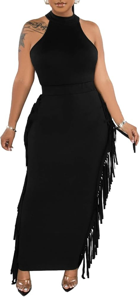 2 Piece Outfits for Women Sexy Crop Top Ruched Bodycon Maxi Dresses Fringe Skirt Sets Night Club ... | Amazon (US)