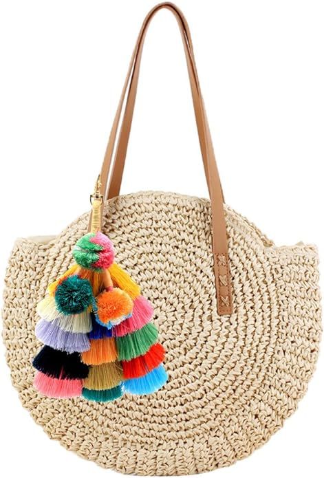 Donalworld Women Round Straw Pompom Shoulder Bag Corn Summer Woven Bags | Amazon (US)