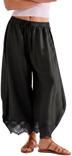SeeLuNa Comfy Women's Pants Cropped Lace Hem Pants Summer Boho Drawstring High Rise Wide Leg Loun... | Amazon (US)