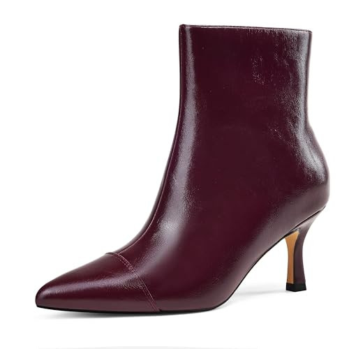 Elisabet Tang Ankle Boots Booties for Women Pointed Toe 3 Inches Heel Dress Comfy with Side Zipper Mide Calf Dat Work Formal Winter Fall Wine Red Size 9 | Amazon (US)