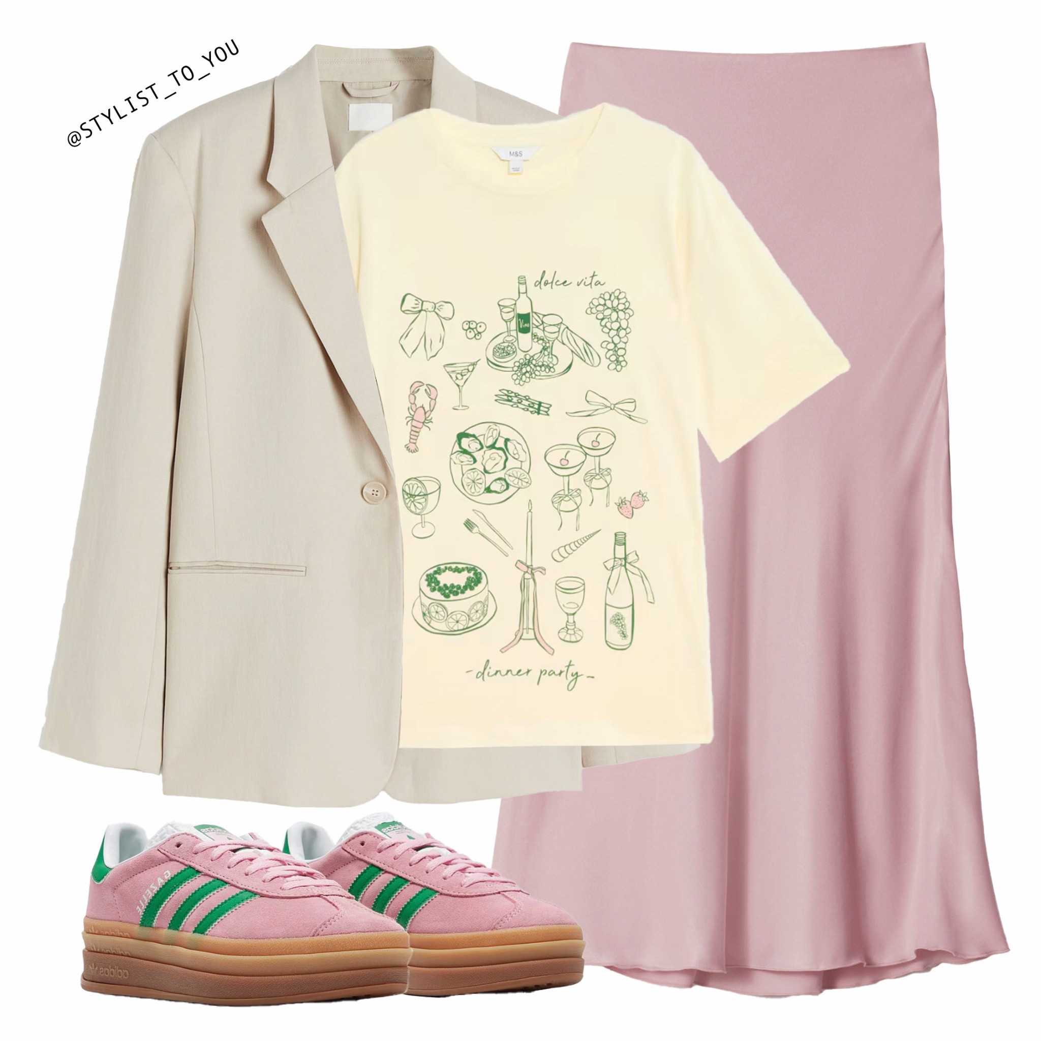 Outfit inspo with Pastel yellow and pink 🍋🌸

 Flatlay of a pastel-toned outfit featuring a beige oversized blazer, lemon graphic tee with green linear dinner club food illustrations, a pink satin maxi skirt, and pink Adidas bold platform sneakers trainers with green stripes. The outfit blends casual and chic elements, perfect for a spring or summer day. pastel outfit, spring style, pastel vibes, color combo, style inspo, street style, pastel fashion, blazer style, sneaker style, graphic tee, feminine fashion, modern look, satin skirt, beige blazer, pink skirt, styled by you, style gram, trend spotting, soft tones, minimal chic, style daily, casual chic, spring fashion, elevated casual, Parisian style, dinner party look, outfit goals, Adidas style, pink and lemon, fashion flat lay, what to wear, outfit inspo, spring ootd, lookbook, fresh style, mix and match, weekend look, pastel lover, effortless style, colour combos

#LTKsummer #LTKuk #LTKeurope