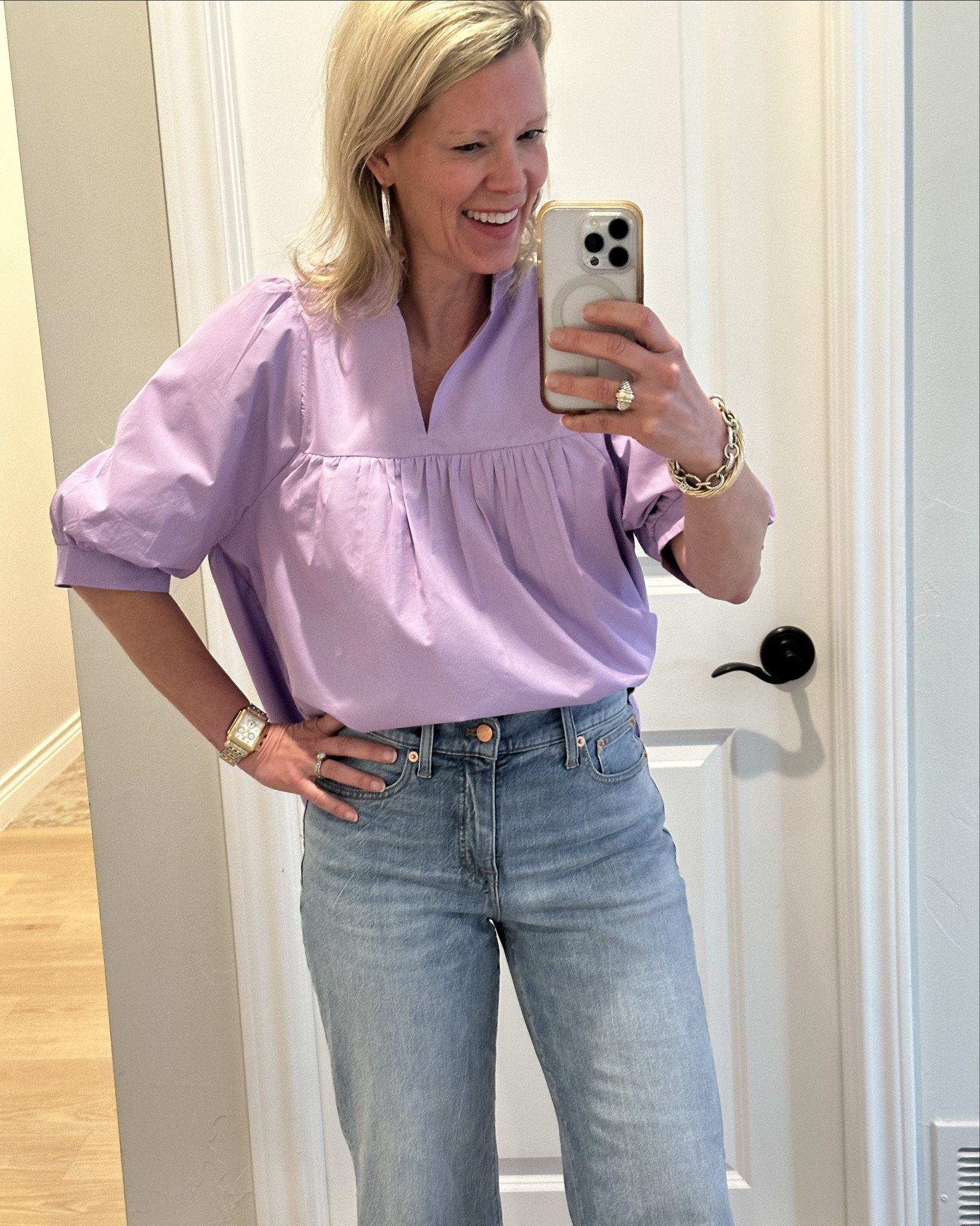Such a darling Amazon top! It is really well made in a nice soft cotton. Comes in tons of colors. I bought my typical size small. It is a full fit, but I love it!  Wearing some of my go to spring jeans and favorite wedges

#LTKSeasonal #LTKSaleAlert #LTKShoeCrush