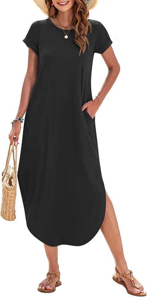 WNEEDU Womens Summer Dresses Casual Loose Short Sleeve Long T Shirt Dress Split Maxi Beach Sundre... | Amazon (US)