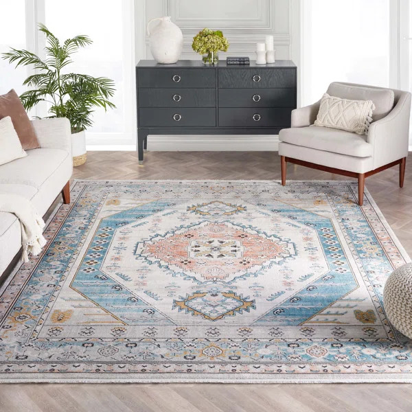 Indira Machine Woven / Power Loomed Performance Blue/Ivory Rug | Wayfair North America