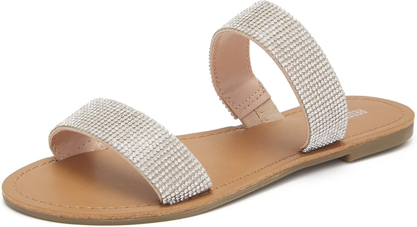 REDTOP Women's Slip on Flat Sandals Casual Bling Rhinestone Strap Sandals Open Toe Slide Sandals | Amazon (US)