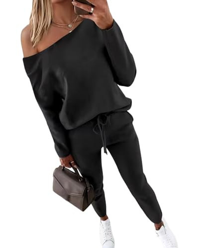 CHICME Casual Lounge Sets for Women Long Sleeve Off The Shoulder Pullover Tops and Pants Matching Set Tracksuit Black-M | Amazon (US)