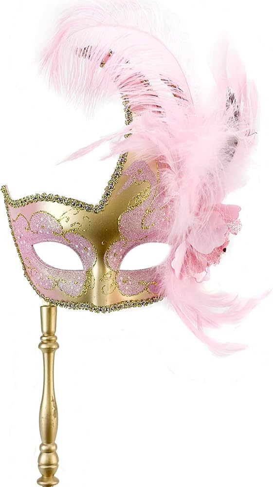 Holding Stick Feather Masquerade Mask with Stick Mardi Gras Lace Masks for Women Costume Peacock ... | Amazon (US)