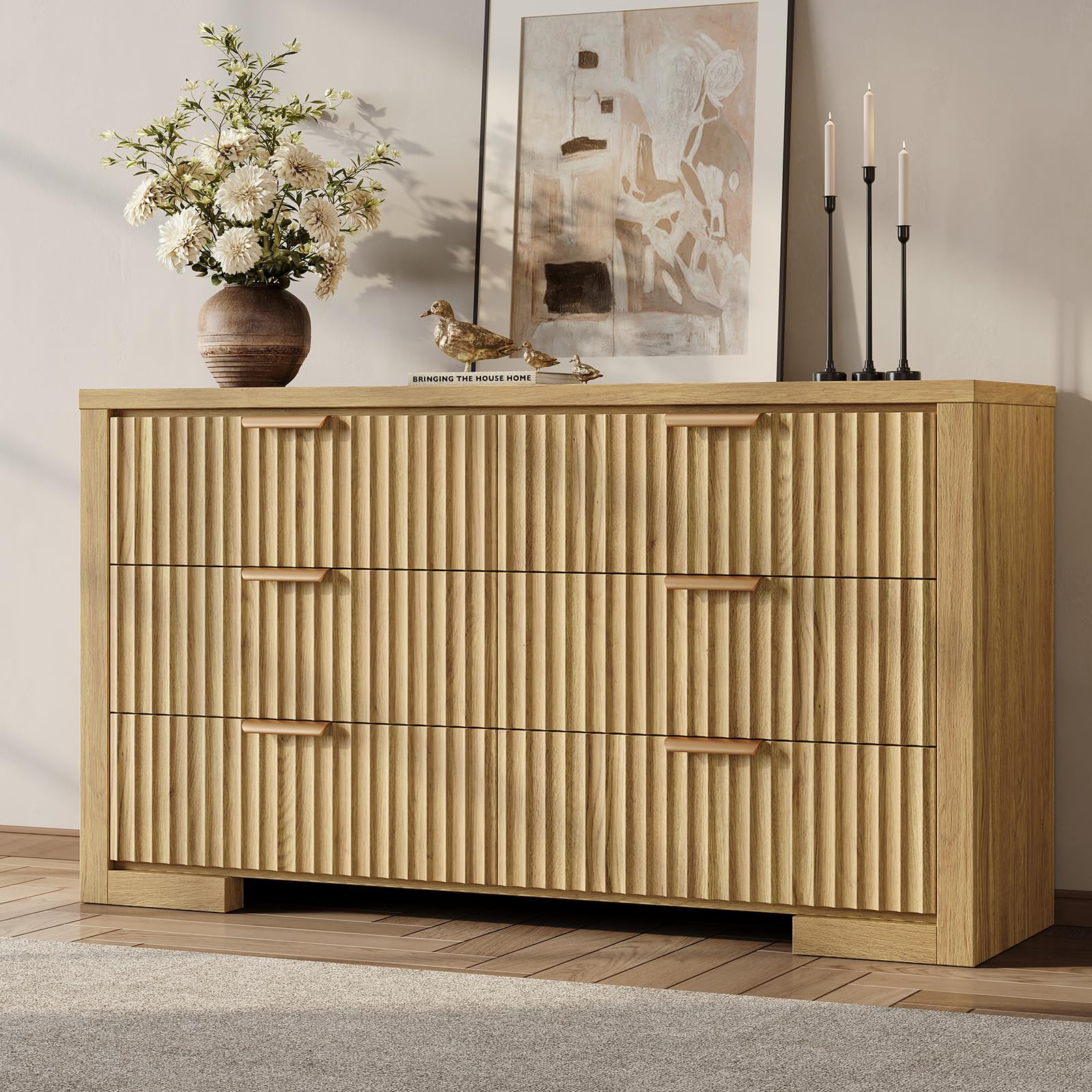 Fluted 6 Drawer Dresser for Bedroom, 54" Wide Chest of Drawers with Metal Handle, Modern Storage ... | Amazon (US)