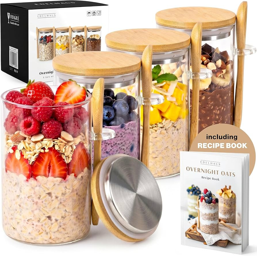 EDELHAUS Overnight Oats Containers with Lids - Glass Mason Jars, Meal Prep     Bamboo Wood, Airti... | Amazon (US)