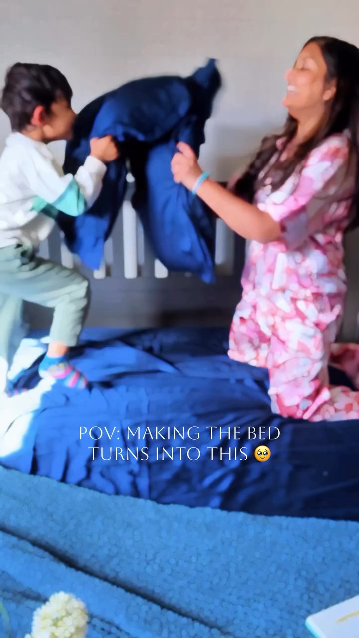 These are the moments I wish I could pause forever. 💙 

My younger one calls it “softy softy bed” @bleubullybedding 🫶🏻

#reels #beddingrefresh #momentstocherish #love #bleubullybedding