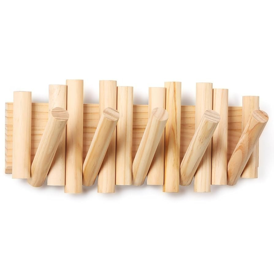 Perchero montado en la pared con 5 clavijas de madera retráctiles - Diseño moderno, organizador... | Amazon (US)
