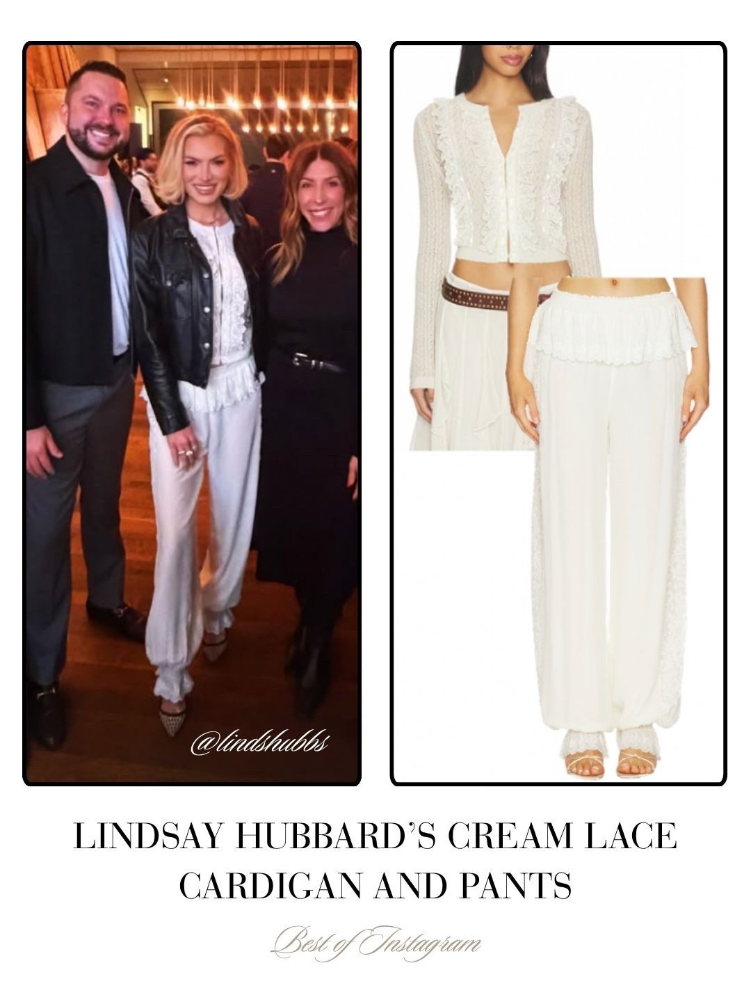 Lindsay Hubbard’s Cream Lace Cardigan and Pants 📸 = @lindshubbs 