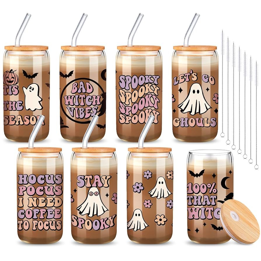 8 Pcs Halloween Drinking Party Glasses 16 oz Ghost Flower Glass Cup with Lid and Straw Spooky Can... | Amazon (US)