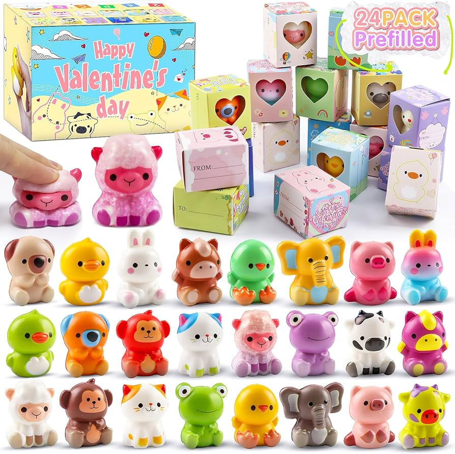 Valentines Day Gifts for Kids, Prefilled Valentines Box with 24PCS Animal Squishy Toys, Valentine... | Amazon (US)