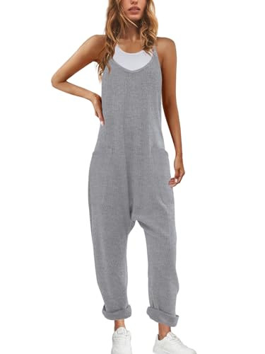 Nirovien Womens Waffle Knit Jumpsuits Oversized One Piece Romper Sleeveless Onesie with Pockets Fall Overalls(Light Grey,L) | Amazon (US)