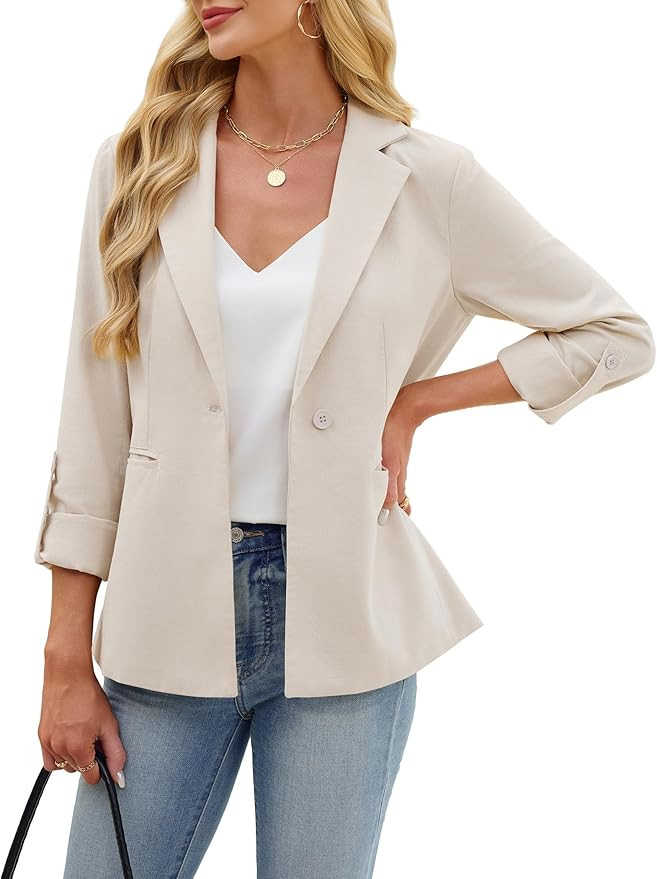 AGSEEM Full Lining Blazers for Women Linen Cotton Open Front Rolled Sleeve Work Office Suit Jacke... | Amazon (US)