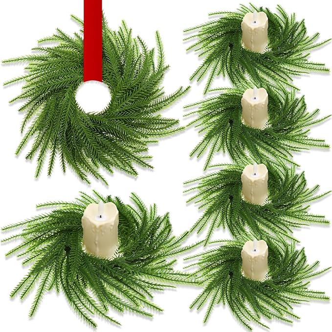 8 Pcs Mini Wreaths for Cabinets, 9.8 Inch Christmas Norfolk Pine Candle Rings, Artificial Small W... | Amazon (US)