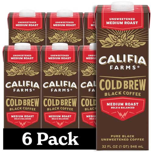 Califia Farms - Pure Black Medium Roast Cold Brew Coffee, 32 Oz (Pack of 6), 100% Arabica, Shelf Stable, Plant Based, Vegan, Gluten Free, Non GMO, Sugar Free, Iced Coffee | Amazon (US)