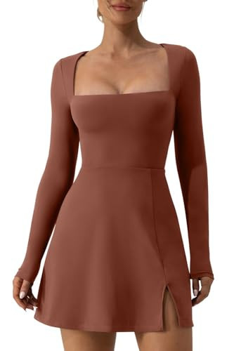 QINSEN Women's Long Sleeve Square Neck Bodycon Dress Above Knee Length Active Dress Brown S | Amazon (US)