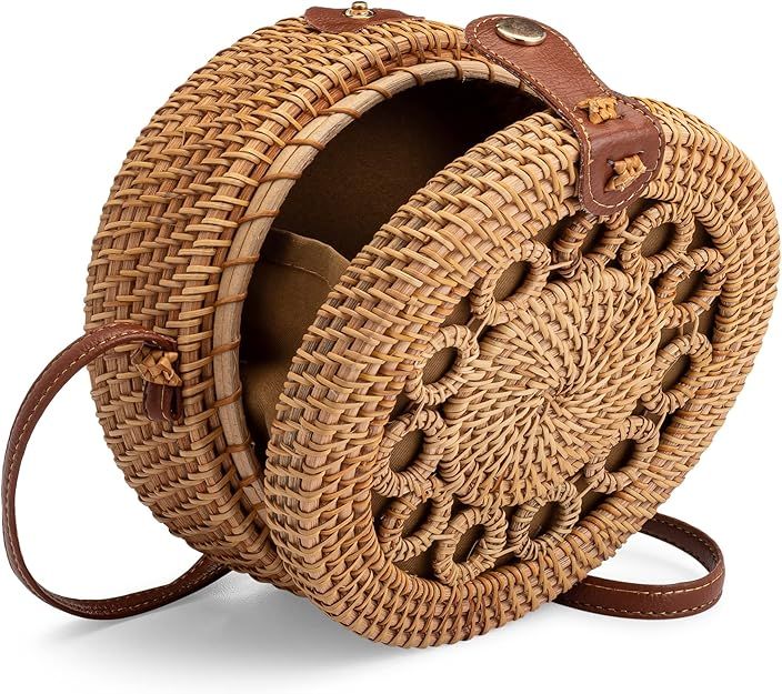 BagDepot Round Rattan Bag With Shoulder Leather Strap. Made from Natural Rattan | Amazon (US)