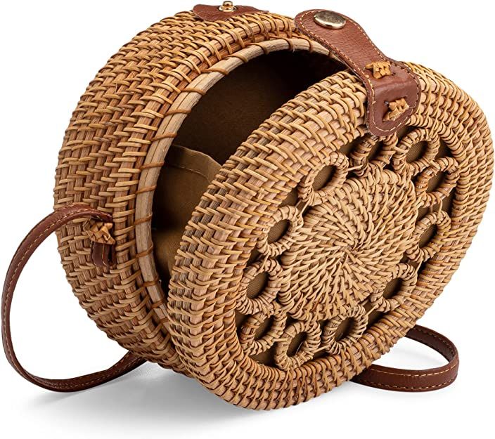 BagDepot Round Rattan Bag With Shoulder Leather Strap. Made from Natural Rattan | Amazon (US)