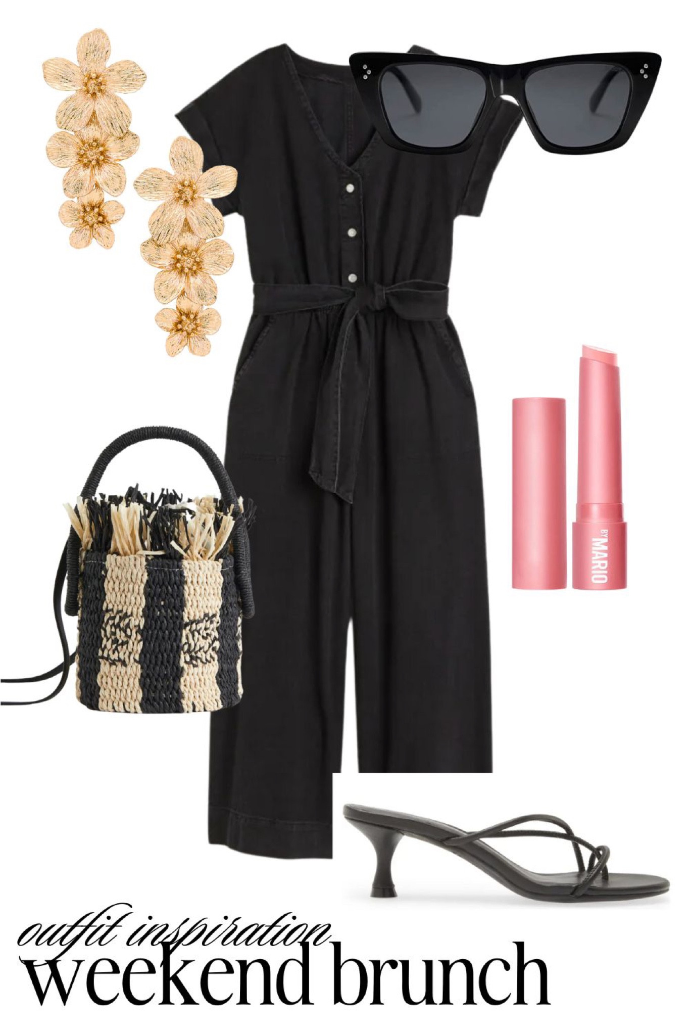 Outfit inspiration. Weekend brunch. Denim jumpsuit, black sandals, straw bucket bag, gold earrings  Neutral style. Summer style. #neutralstyle #summerstyle 

#LTKunder100 #LTKstyletip #LTKFind