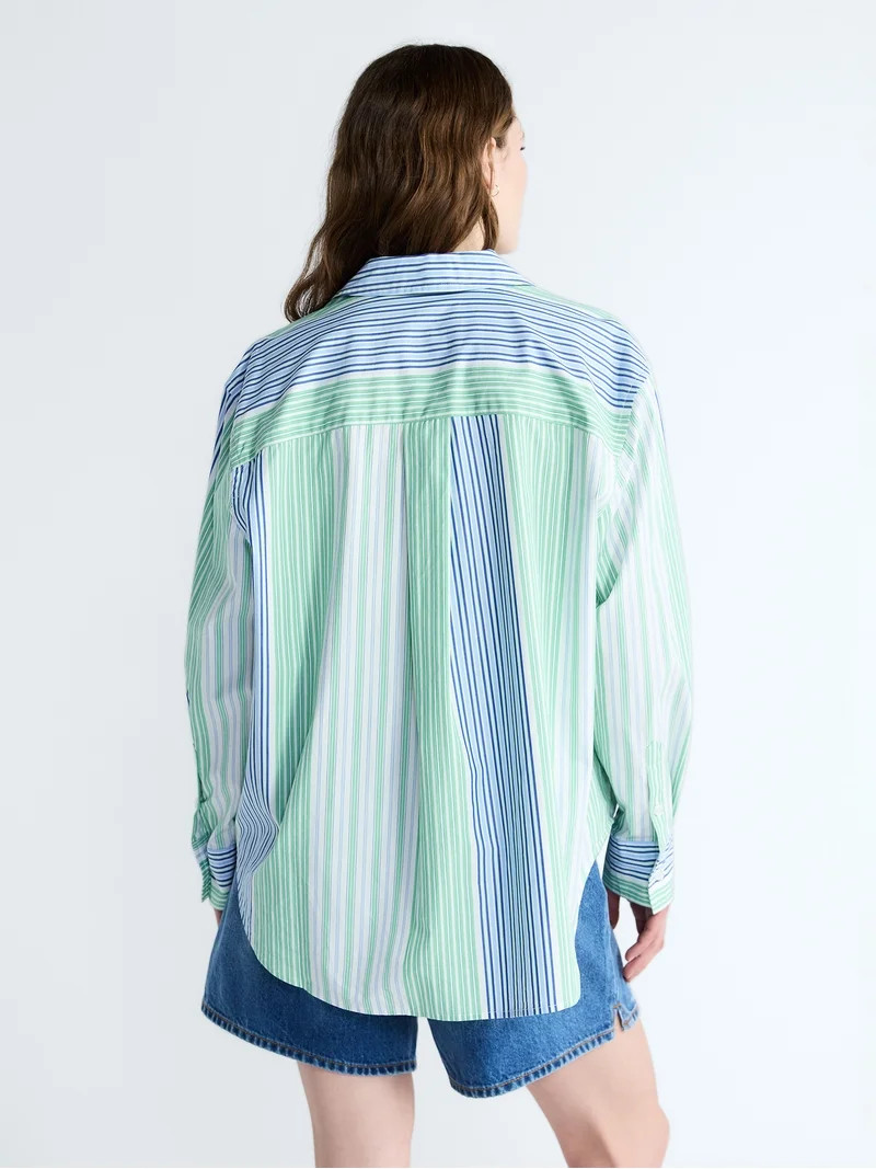 Free Assembly Women's and Women's Plus Relaxed Button Down Cotton Shirt with Long Sleeves, Sizes ... | Walmart (US)