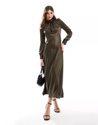 ASOS DESIGN high neck maxi satin tea dress in khaki | ASOS (Global)