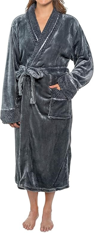 Deluxe Womens Fleece Robe, Satin Waffle Trim, Soft Warm Plush Bathrobe | Amazon (US)