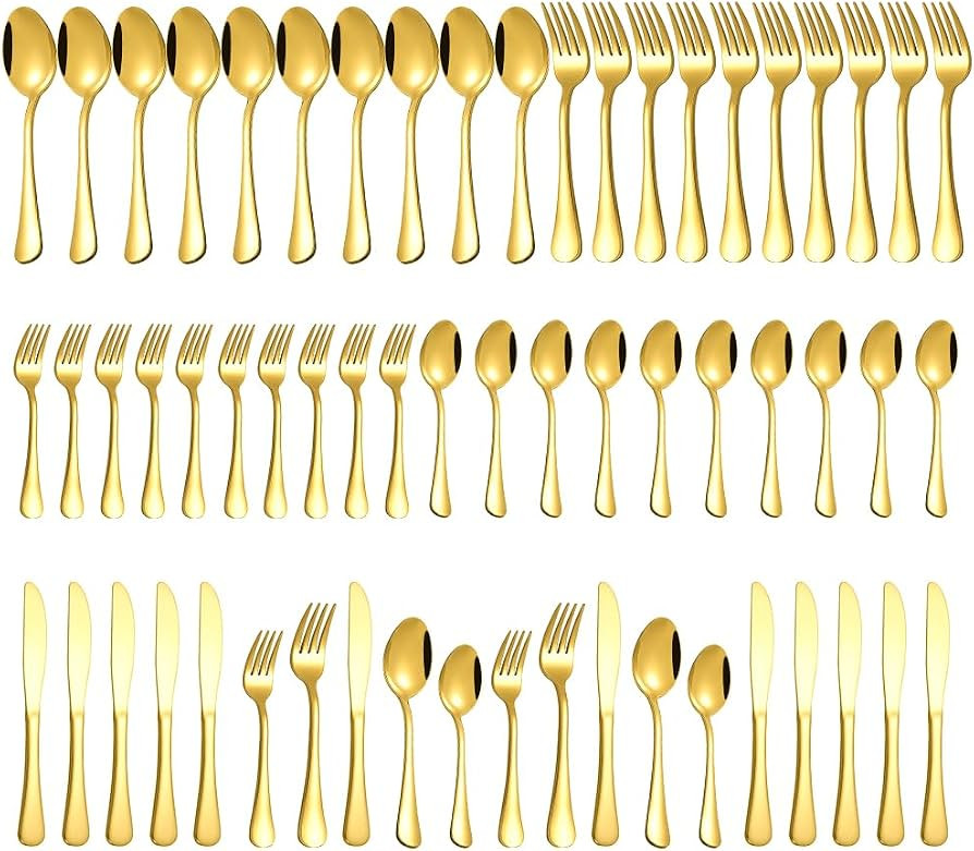 Gold Silverware Set for 12, Compralo 60 Pieces Stainless Steel Shiny Gold Flatware Set, Gold Cutl... | Amazon (US)