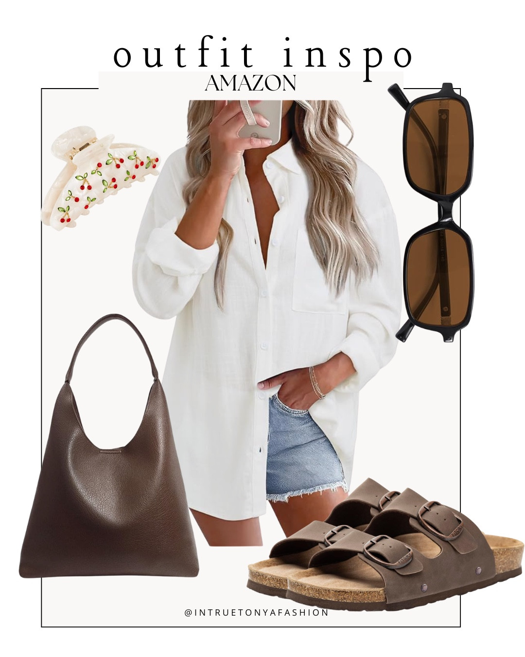 Summer outfit idea from amazon — white button down shirt, denim shorts, brown footbed sandals, brown purse, and sunglasses 






Amazon outfits, summer outfit inspo, outfit ideas, casual outfits amazon, amazon outfits every day, outfit ideas 2026, summer outfits

#LTKootd #LTKSaleAlert #LTKPetite