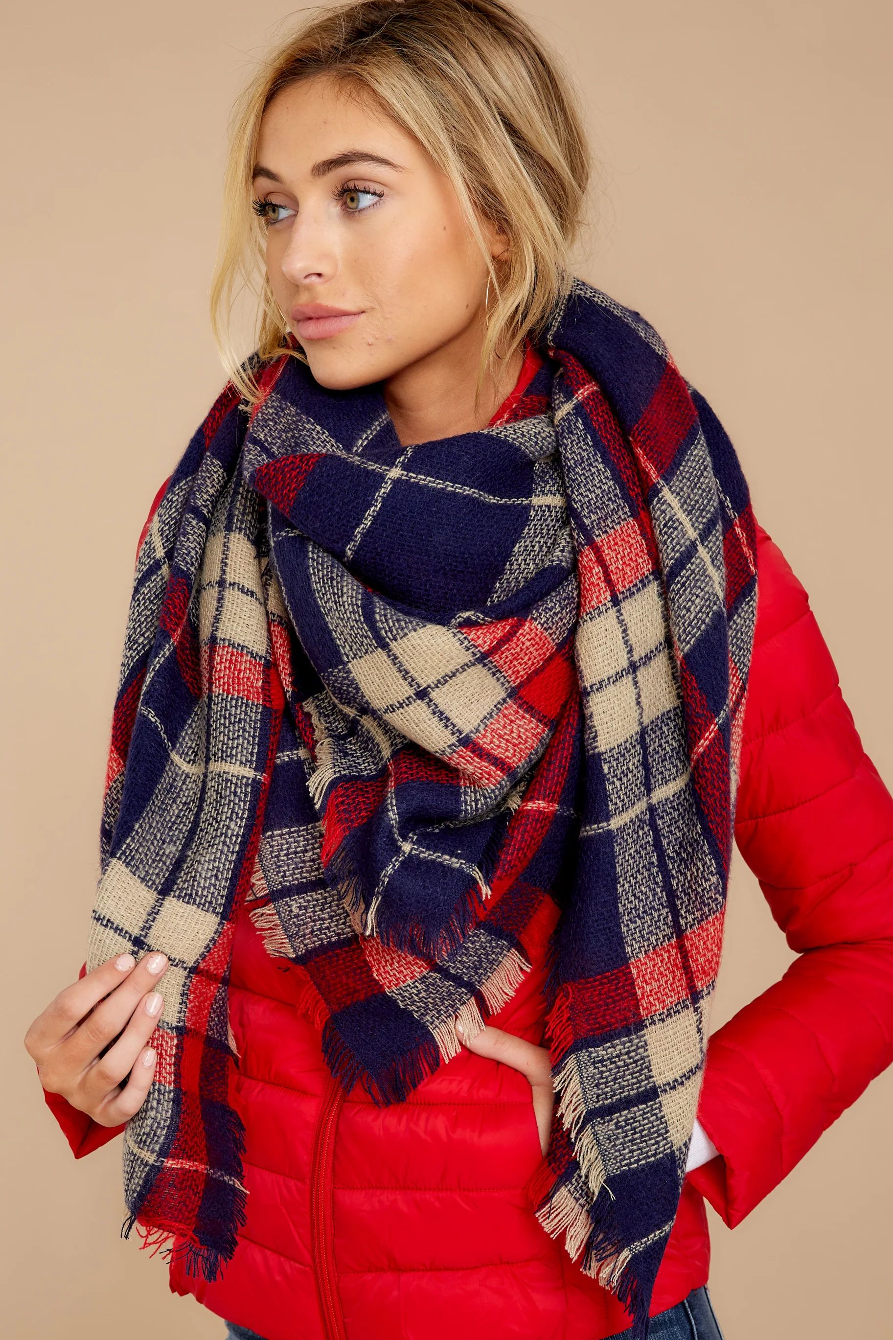 Chilled For The Day Navy And Red Plaid Scarf | Red Dress 