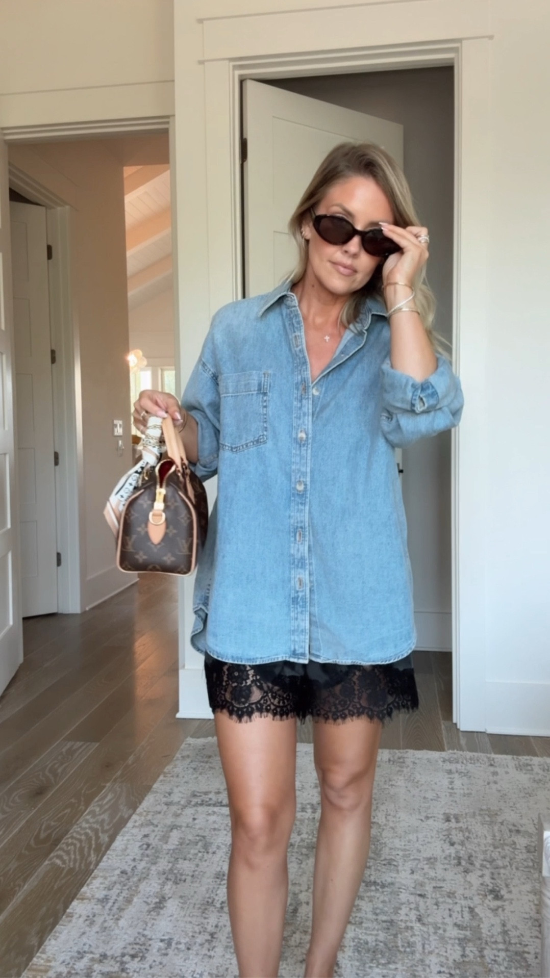 Size Small Amazon shorts / Small cashmere sweater / XS denim shirt / Amazon sunglasses are the brown/brown 

#LTKFindsUnder50 #LTKStyleTip #LTKPetite