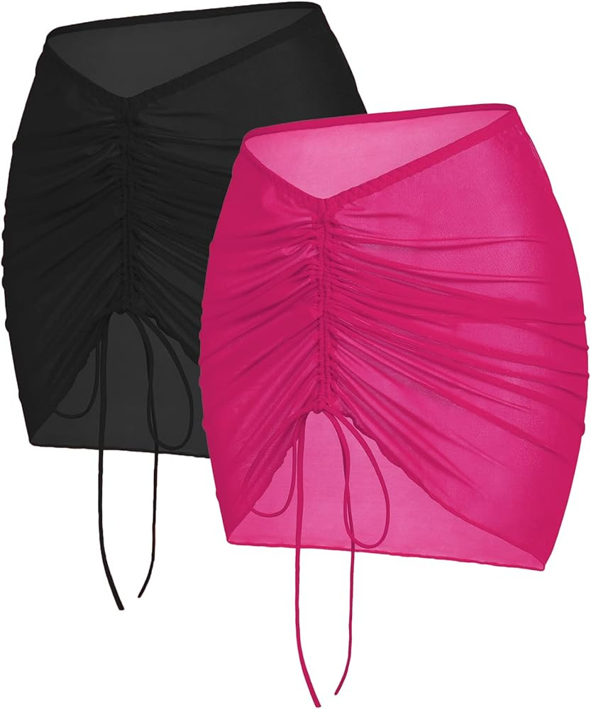 AOLRO Women Sarong Mesh Skirt 2 Pieces Short Sheer Beach Cover Up Ruched Drawstring Bikini Swimsu... | Amazon (US)