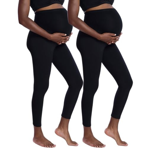 Motherhood Maternity Women's Plus Size Essential Stretch Full Length Secret Fit Over The Belly Pregnancy Legging-2 Pack, Black/Black, 2X | Amazon (US)