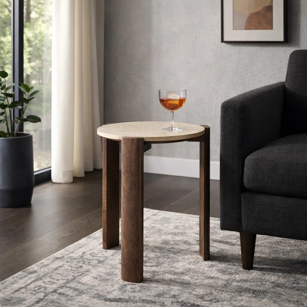 Modern Round Travertine Top Accent Side Table With Mango Wood Base For Living Room Decor - Narrow... | Wayfair North America