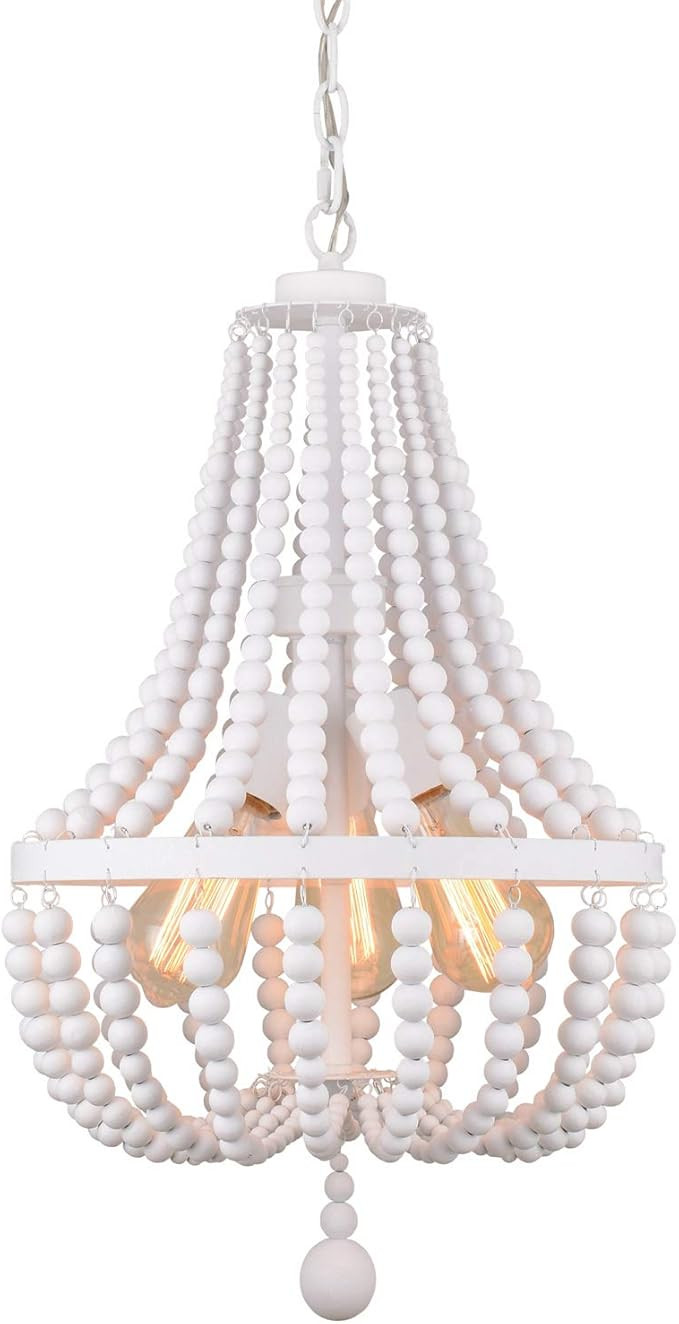 ALICE HOUSE 14.2" Wood Bead Chandeliers, Rustic White Finish, 3 Light Wood Beaded Pendant Light f... | Amazon (US)