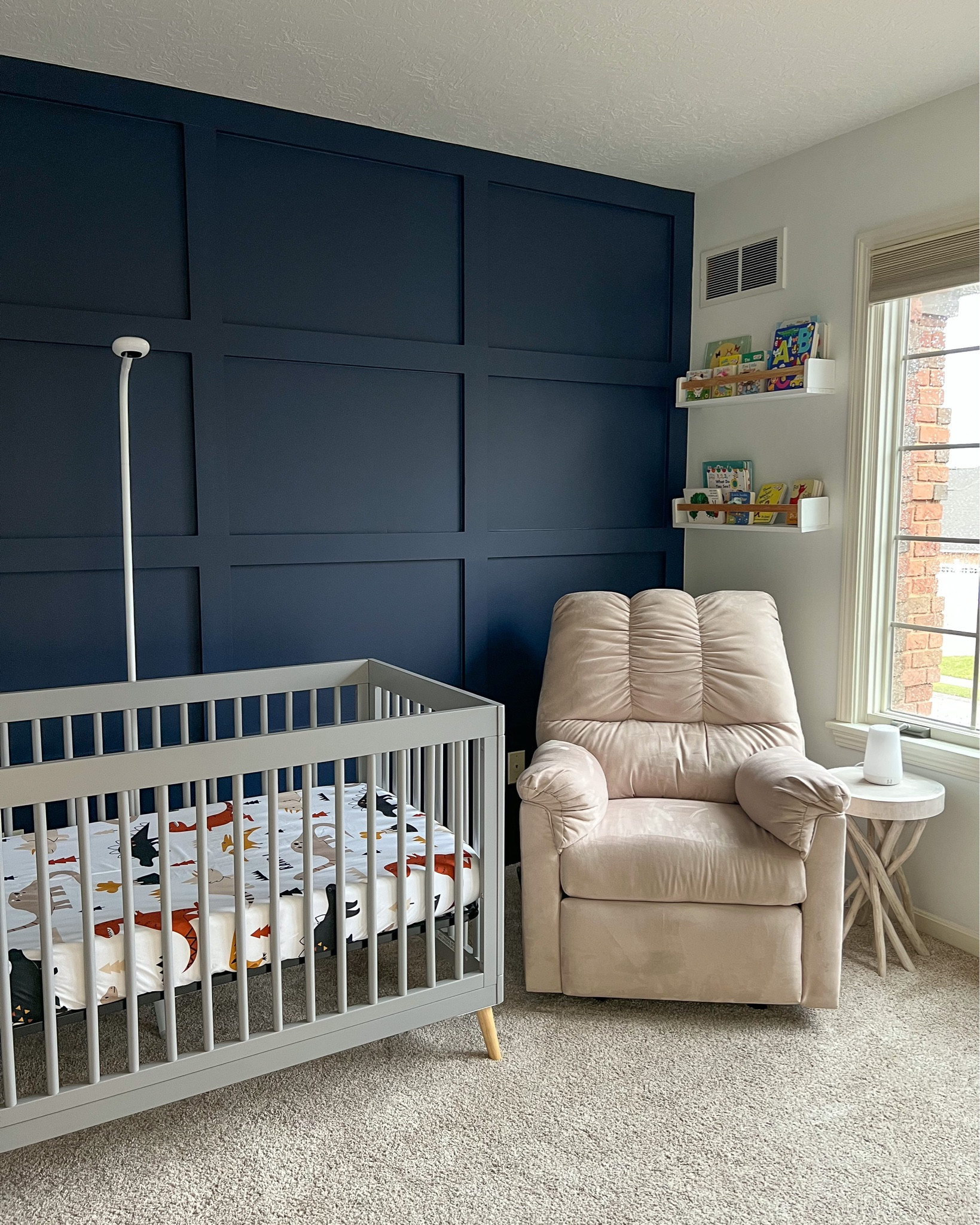 Baby boy nursery. Boho dinosaur nursery. Boy nursery theme. Nursery decor. Board and batten accent wall. Nursery bookshelves. Baby monitor. Nursery inspo. Dinosaur theme room. Baby room. Nursery inspiration. Floating bookshelves. 

#LTKbaby #LTKfamily #LTKhome