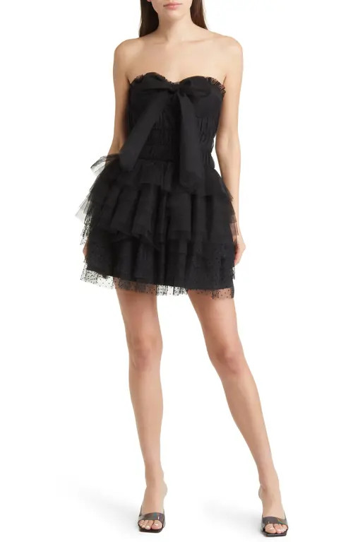 LoveShackFancy Faron Tiered Ruffle Tulle Strapless Dress in Black at Nordstrom, Size 14 | Nordstrom