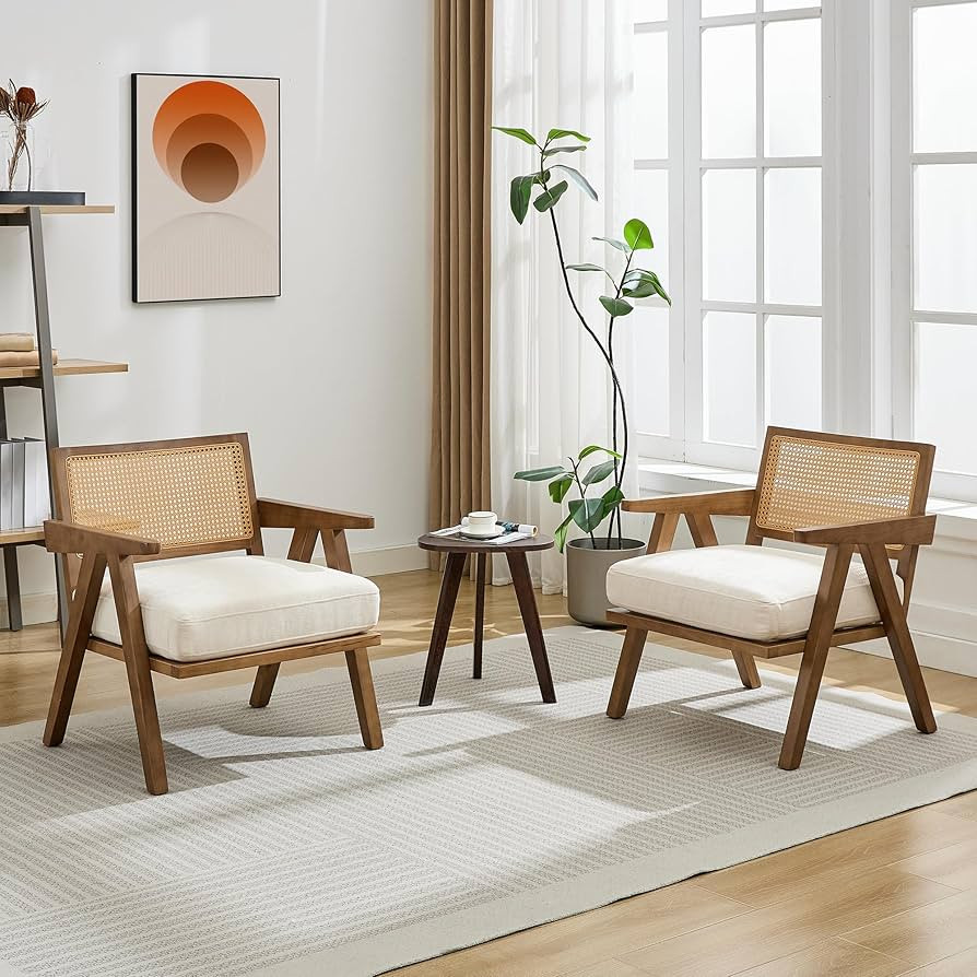 GarveeHome Mid-Century Farmhouse Accent Chair - Wood Armchair with Rattan Backrest & Linen Cushio... | Amazon (US)