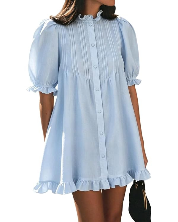 Women Summer Ruffle Dress Fashion Puff Sleeve Button Down Pintuck Mini Dress | Amazon (US)