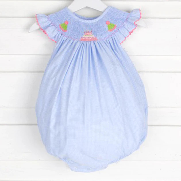 Birthday Smocked Bubble Light Blue Gingham | Classic Whimsy