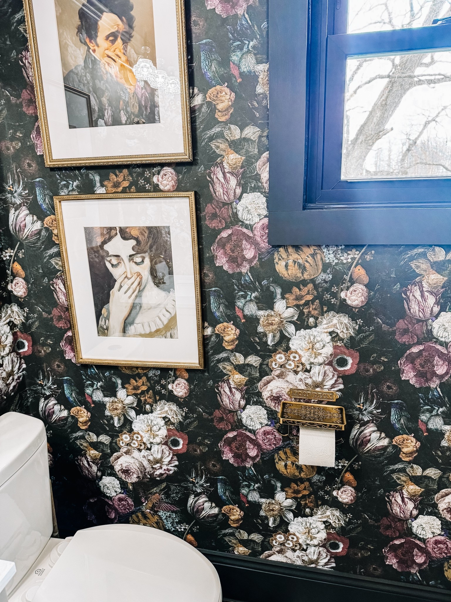 Bathroom decor #moodybathroom #floralwallpaper #goldframes #prints 

#LTKStyleTip #LTKFindsUnder50 #LTKHome