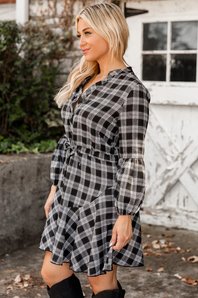 Be With Me Black Quarter Sleeve Plaid Ruffle Trim Mini Dress | Pink Lily